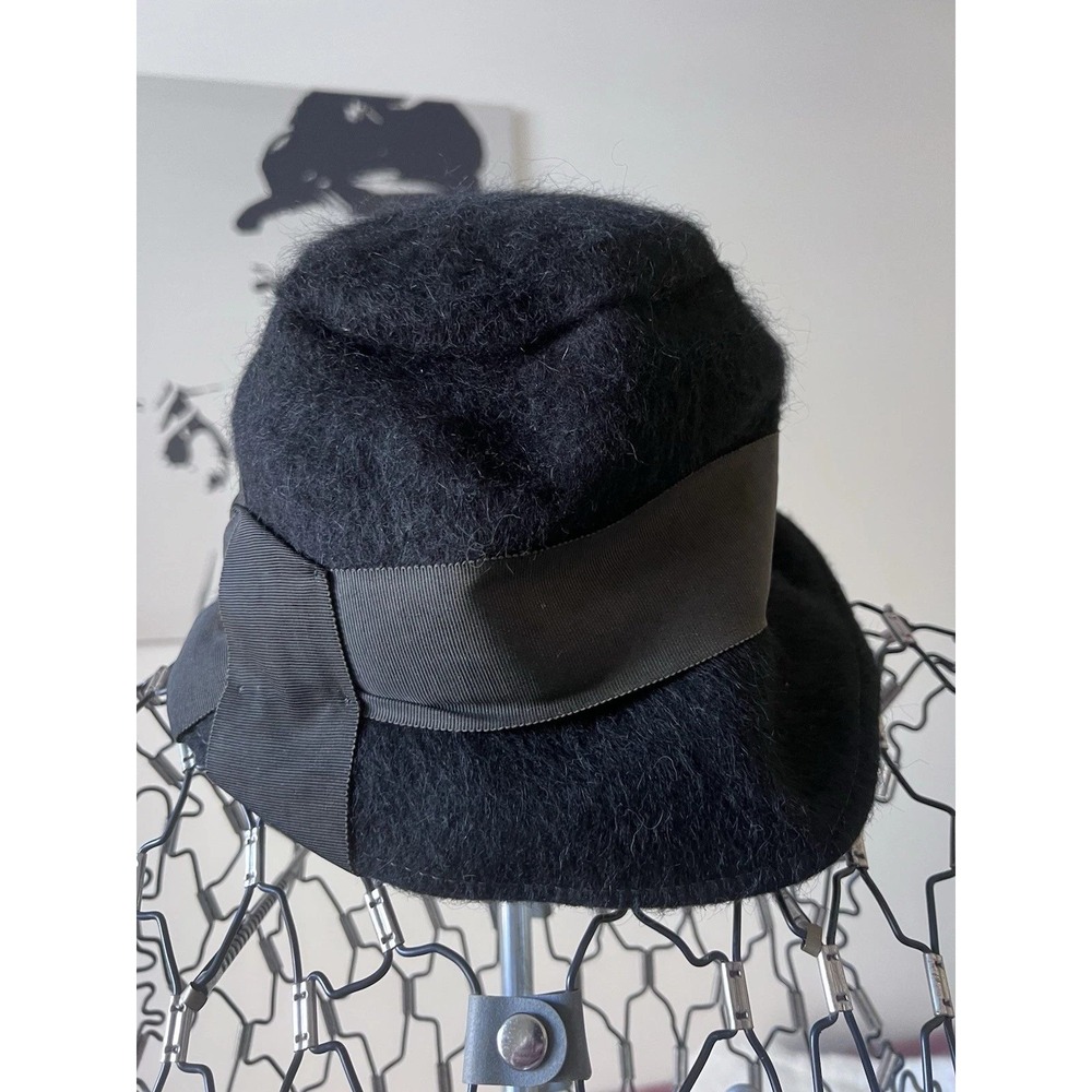 Vintage Black Mohair Wool Cloche Hat Grosgrain Ribbon Bow Mid Century Modern